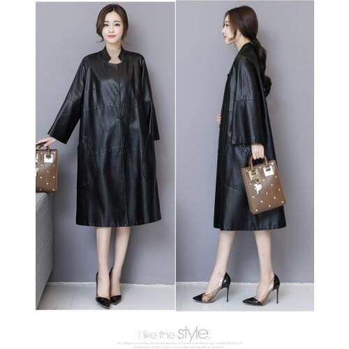 High Quality PU Leather Top New Fashion Women Autumn Winter Clothes 2019 Briefly Black Single Breasted Loose Casual Trench Coat