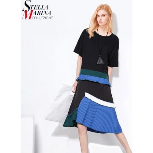 Korean Style Streetwear Summer Woman Black Blue Patchwork Dress Pleated Hem O Neck Girls Cute Kawaii Midi Casual Dress Robe 1452