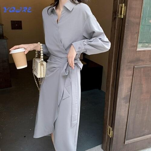 YQJRE Fall Fashion Womens Long Sleeve V-neck Solid Color Dress