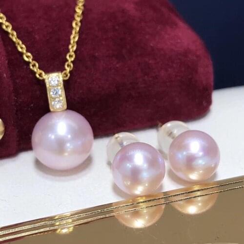 Fine Jewelry 18K Yellow Gold Natural Fresh Water Pink Pearl 7-10mm Females Jewelry Sets for Women FIne Jewelry Sets