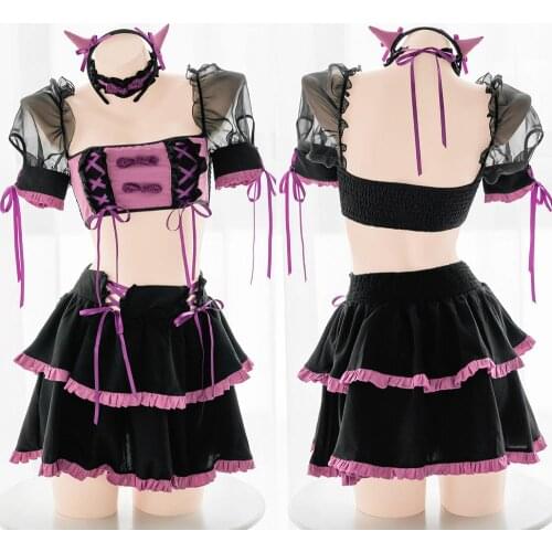 Girls Student Cute Ribbon Lace Skirt Sleepwear Halloween suit Cosplay Women Retro Ruffle Little Witch Wrapped Chest Nightdress