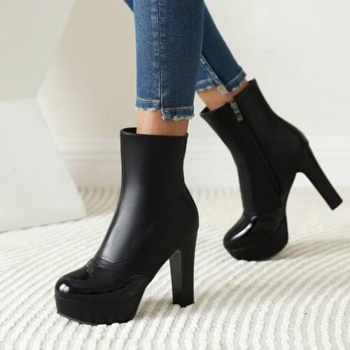 RIBETRINI On Sale Female Fashion Platform High Heels Ankle Women Boots Zipper Patchwork Sexy Casual Autumn Fashion Women Shoes