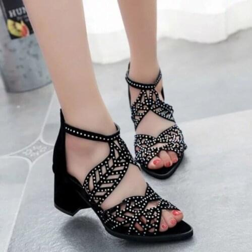 Womens Sexy Hollow Out Rhinestones Fish Mouth Sandals Ladies Back Zipper Thick Heel Peep Toe Shoes