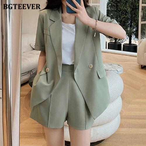 BGTEEVER Casual Summer Women 2 Pieces Blazer Set Short Sleeve Suit Jackets & High Waist Shorts 2021 Ladies Solid Shorts Suits