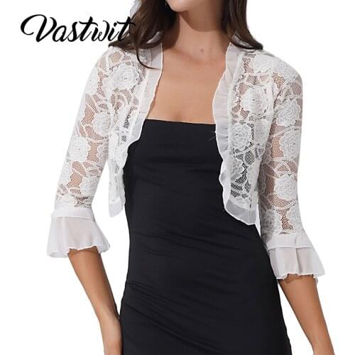 Womens 3/4 Sleeve Bolero Shrugs Crochet Lace Open Cardigan