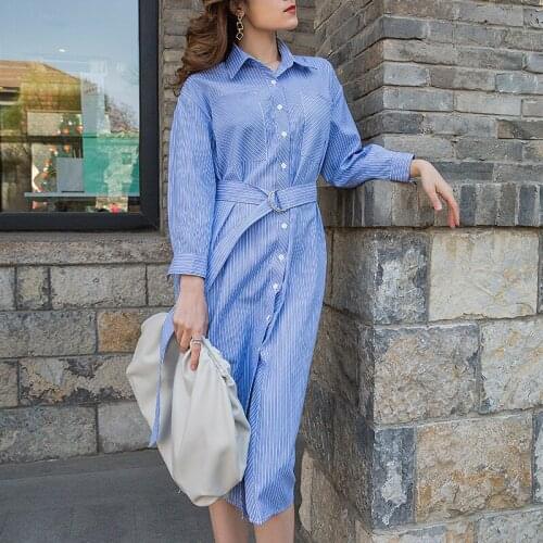 Johnature Korean Striped Women Shirt Dresses 2021 Spring New Turn-down Collar Loose Bandage Slits Female Dress