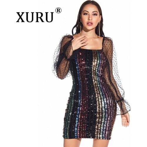XURU European and American Sexy Backless Sequin Dress Womens New Color Embroidery Dress Club Party Nightclub Dress