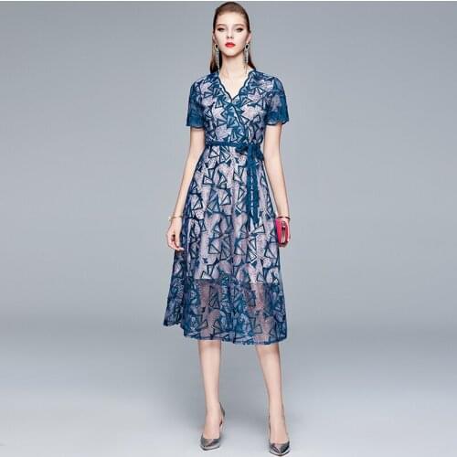 Women Vintage Casual V-Neck A-line Dress Summer High quality Elegant Flower Embroidery Tunic Party Swing Dress with Bow belt