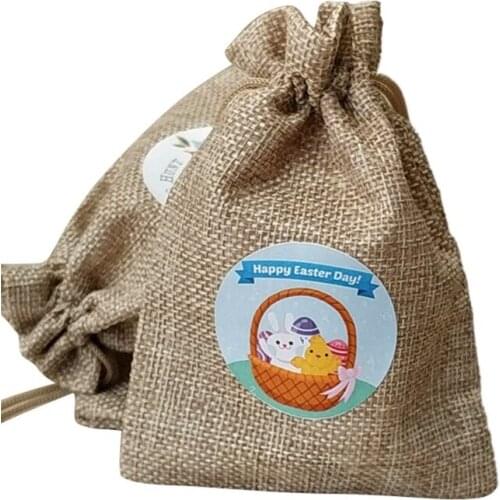 10 Pcs Easter Burlap Goody Bags Cute Sticker Treat Drawstring Linen Bags X5XA