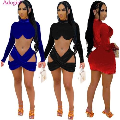Adogirl Sheer Mesh Patchwork Velvet Mini Dress Women Sexy Turtleneck Long Sleeve Sheath Christmas Party Dresses Clubwear S-3XL