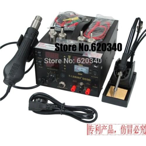 Free Shipping 220V SAIKE 909D Soldering/Hot air gun rework station 3 in 1 Soldering iron+Hot Air Gun+Power Supply