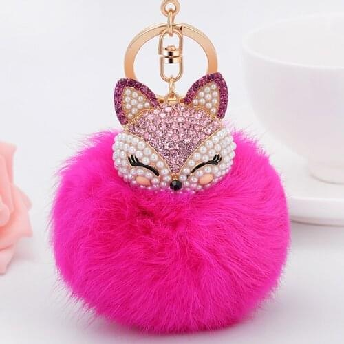 EASYA Cute Animal Head Rabbit Fur Pompom Keychain Holder Accessories For Women Girls Bag Fashion Crystal Fox Keyring Finder