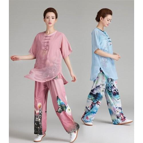 8 Colors Woman Breathable Floral Chinese Clothes Short Sleeves Tai Chi Clothing Yarn Kung Fu Uniform with Elastic Legs