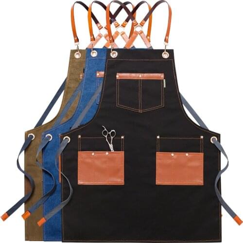 Patchwork Denim Hairdresser Apron Cafe House Cleaning Cooking Baking Pocket Coffee Pinafore Canvas Apron For Kitchen Accessories