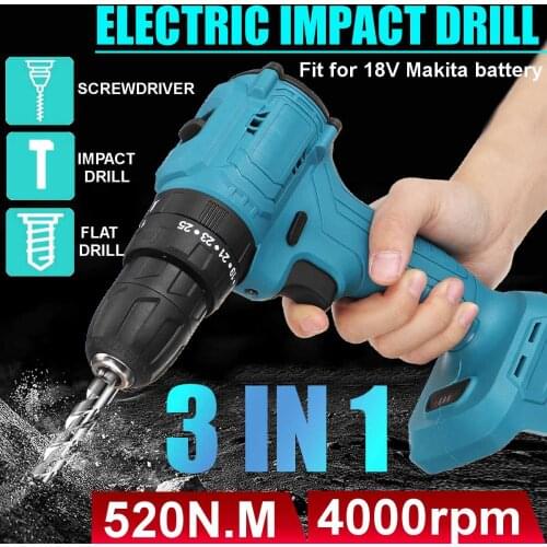 Electric Cordless Brushless Impact Drill Hammer Drill 520Nm Screwdriver DIY Power Tool Rechargable For 18V Makita Battery
