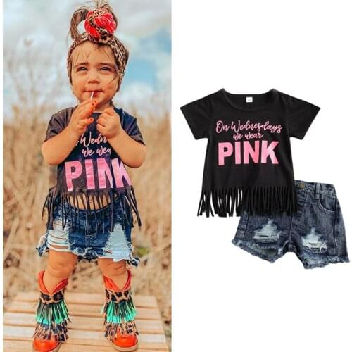 FOCUSNORM Summer Kids Girls Cute Clothes Sets 2pcs Letter Printed Tassel Short Sleeve T Shirts Hole Denim Shorts