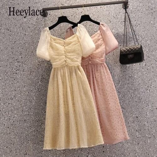 Plus size french vintage chiffon dress puff sleeve square collar fairy mesh dresses korean casual high waist a-line long dress