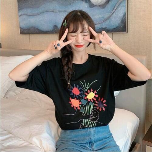Flower Graffiti Print T shirts Women Spring Summer Short Sleeve Round Neck Women Tops Cotton Spandex Tshirt Femme