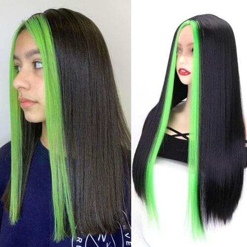 Kimi Hair 26inch Long Straight Wig Mixed Brown and Green Color Synthetic Wigs for Black Women Middle Part Wig