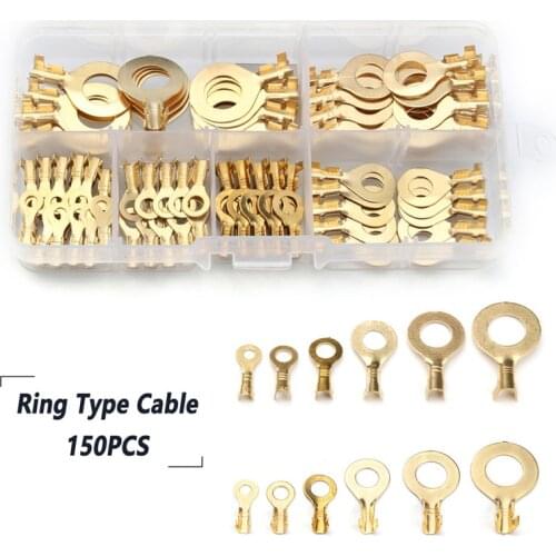 Ring Type 6Sizes Non-Insulated Bare Ring Terminals Cable Copper Lugs Electrical Wire Crimp Connector 150pcs Kit with Plastic Box