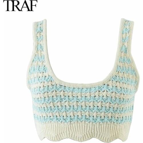 TRAF 2021 New Vintage Casual Sweet Cute Three Piece Set Stripe Slim Knitted Vest Or Cardigan Hollow Out High Waist Shorts Suits