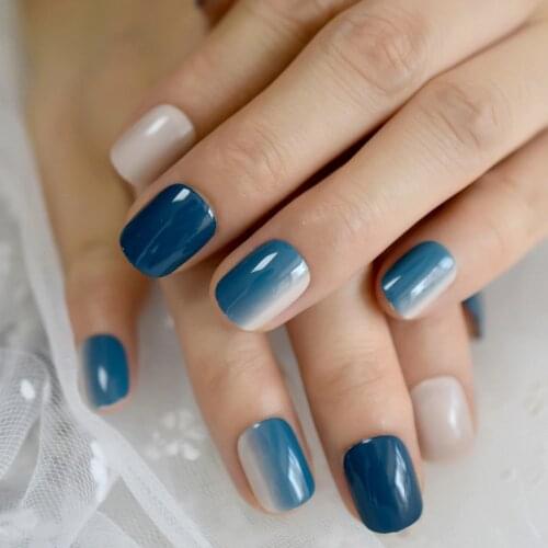 Short Gradient Blue Fake Nails Squoval UV Gel Natural False Press on Nails for Girl Full Cover Summer Wear Finger Nail Art Tips