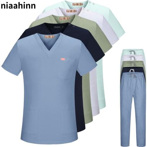 Button Surgical Medical Suit Short Sleeved Nurse Top+pant Summer Breathable Doctor Nurse Work Clothes Pet Grooming Scrub Uniform