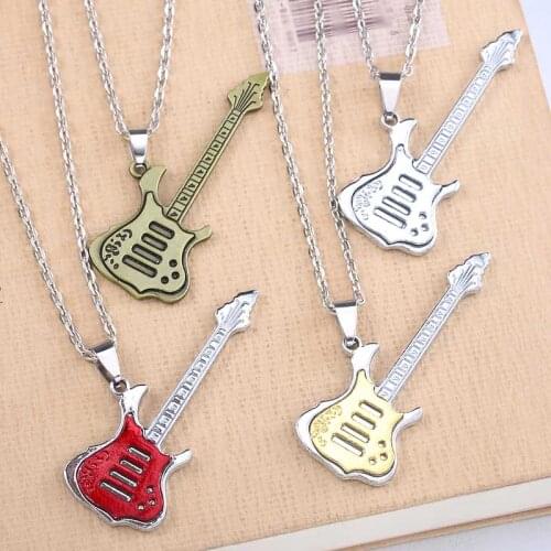 Fashion Metal Chain Guitar Necklace Pendants Male and Female Punk Rock Music Jewelry Gifts Stainless Steel Necklace Jewelry