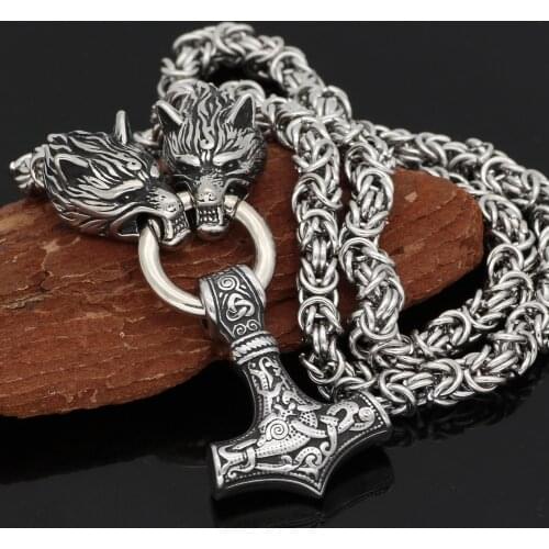 Men stainless steel Wolf head norse viking amulet thor hammer pendant necklace handmade chain