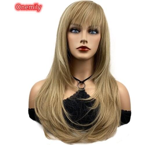 Onemily 26 Inch Very Long Straight Brown Wig with Bangs Heat Resistant Fiber Synthetic Natural Hair