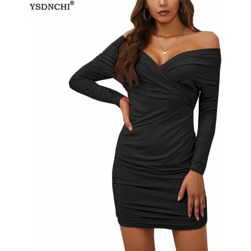 YSDNCHI Womens Mini Sexy Clothes Bodycon Dresses Party Night Club Off Shoulder Long Sleeve Elegant Birthday Hot 2021 Summer
