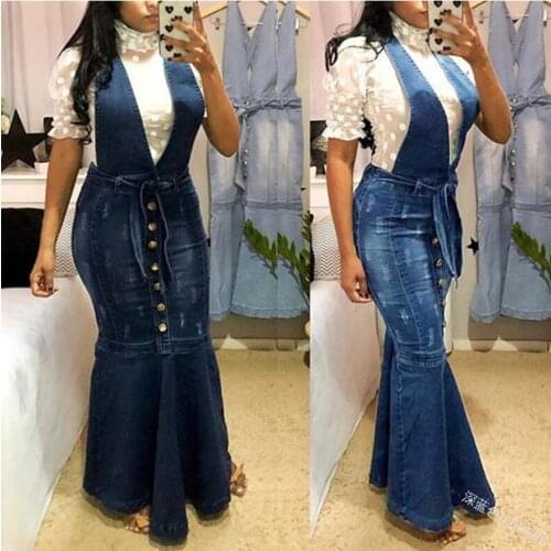Suspender Skirt Women Africa Overalls No Stretch V-neck Buttons Maxi Long Skirt Mermaid Trumpet Empire High Waist Jeans Ankle
