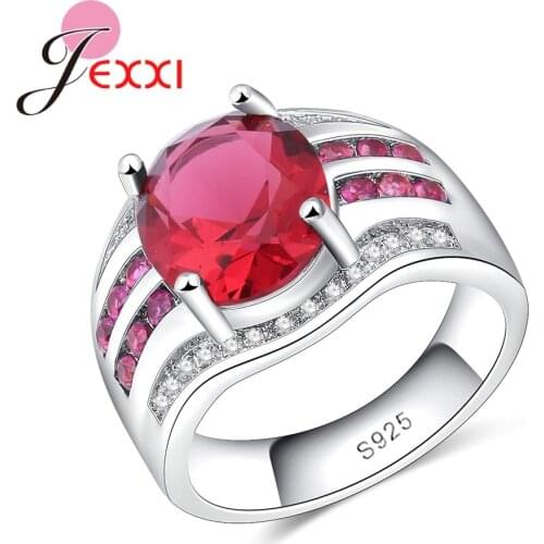 Female 925 Sterling Silver Round Wedding Rings For Women Red&Clear Filled CZ Zirconia Vintage Engagement Jewelry Bijoux