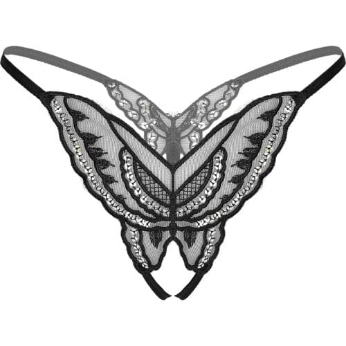 Womens Crotchless Panties Butterfly/Flower Embroidery Artificial Pearl Massage Thongs Sexy Lingerie Underwear Low Waist T-Back