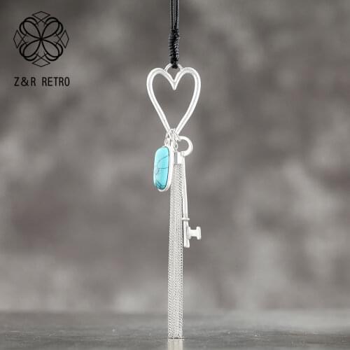 Heart Key Rope Pendant Women Blue Natural Stone Necklace Neck Decoration 2019 Handmade Women Fashion Jewelry Wholesale Presents
