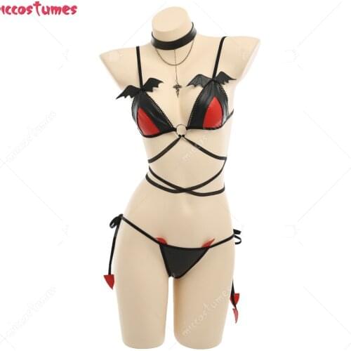 Women Sexy Devil Bat Wings Top and Thong Bandage Leather Lingeries Set Costume Outfit with Stockings