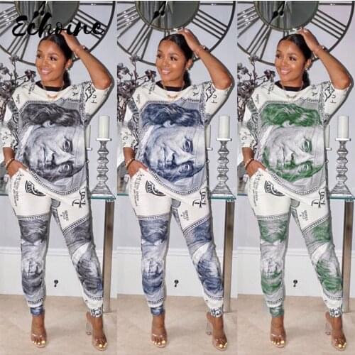 US Dollar Print Womens Set T-shirt s Tops Jogger Pants Suit Tracksuit Matching Two Piece Set Fitness Outfit Plus Size S-XXL
