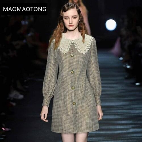 Fashion Designer Autumn party Dress Womens Beading Turn-down CollarLantern sleeve Single Breasted Short Tweed Dresses