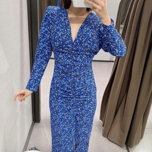 2021 Women Sexy V Neck Flower Print Pleated Blue Midi Dress Ladies Vintage Sweet Long Sleeve Back Zipper Chic New Split Dresses