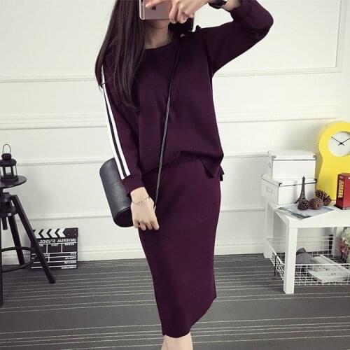 2018 Women Winter Suit Midi Black Wine Red Skirt Suit 2 Two Piece Skirt Set Slim Pullover Sweater and Pencil Skirt