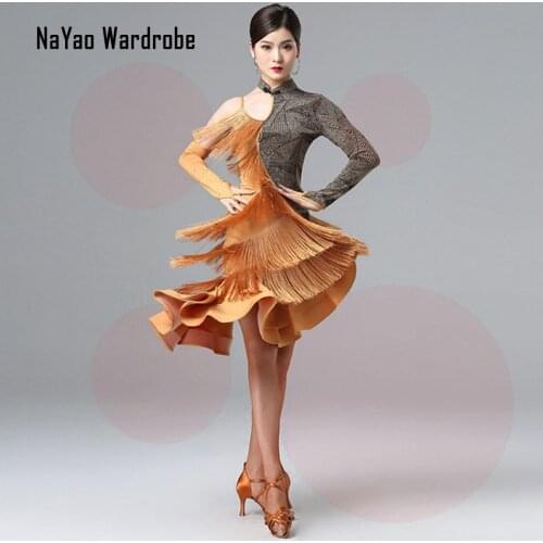 2020 New 7008 One Side Sleeve Lotus Hem Tassel Patchwork Latin Dance Dress Women Dancing Performance Dress Ballroom Samba Tango