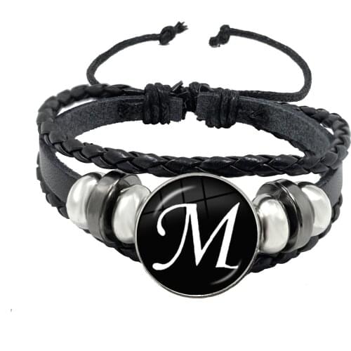 26 Letter A-Z Glass Cabochon Snap Metal Bead Bracelet ID Name Friendship Button Black Leather Bangle Men Women Kids Family Gift