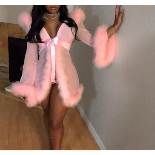 3Pcs/Set Women Sexy Lingerie Long Sleeve Plush Perspective Robes + G-String Sets + Belt Underwear Sets