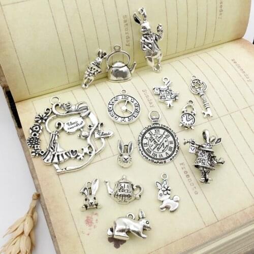 Mix 40pcs Antique Silver Alloy Alice in Wonderland Collection Charms Steampunk Pendant for DIY Necklace Bracelet Jewelry Making
