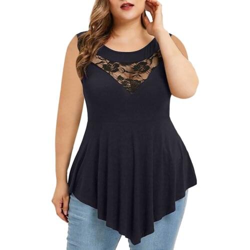 Asymmetric 5xl Plus Size Black Tops For Women Blusas Mujer De Moda 2021 Summer Fashion Solid Floral Lace O-neck Tops Blouse
