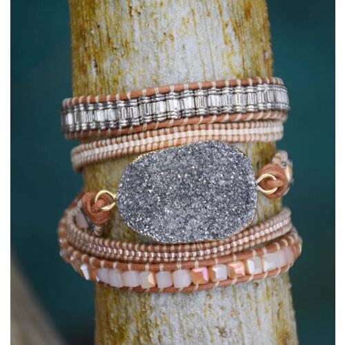 Big Natural Grey Druzy Stone Bracelet Vintage Leather Wrap Bracelet Boho Miyuki Seed Beads Wraps Dropship