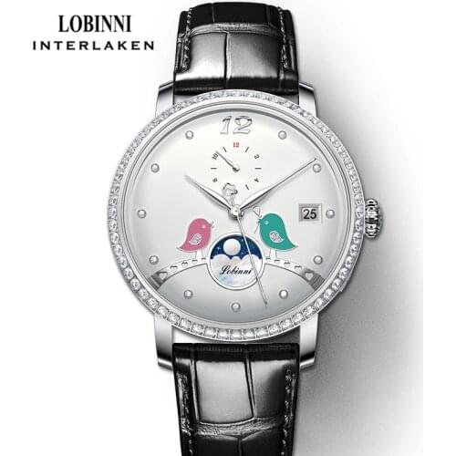 LOBINNI Fashion Genuine Leather Strap Women Watch Moon phase Automatic Mechanical Watch Sapphire Glass Waterproof Female Watch
