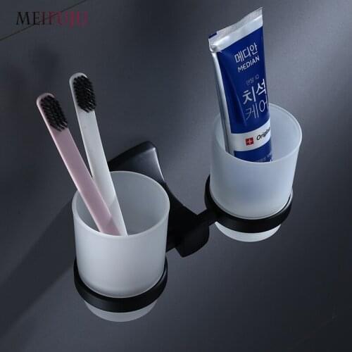 Black Aluminum Toothpaste Toothbrush Holder with Glass Cups Tumbler Holders Wall Mounted Bathroom Accessories Bath Hardware