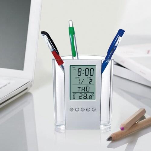 Pen Pencil Storage Digital LCD Desk Alarm Clock Pen Holder Calendar Timer Temperature Desktop Electronic Clock Office Decoration