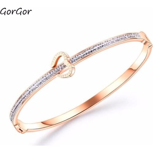 GorGor Stylish New Style Simple -encrusted Titanium Steel Heart Rose-plated Golden Jewelry Womens Bracelet 954